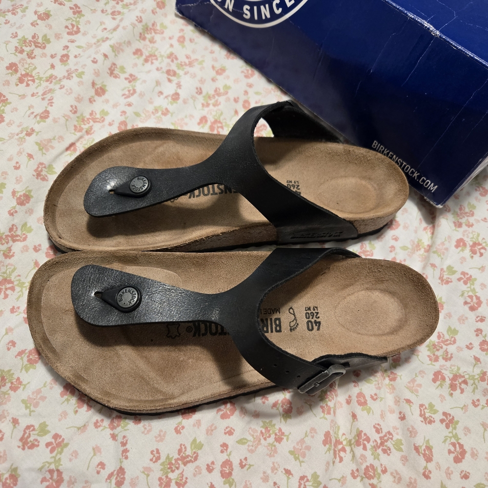 Birkenstock Black Thong Sandals with Brown Footbed